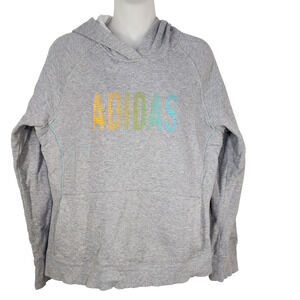 Adidas Sweatshirt Women Gray Large Pullover Spellout Logo Hoodie Kangaroo Pocket